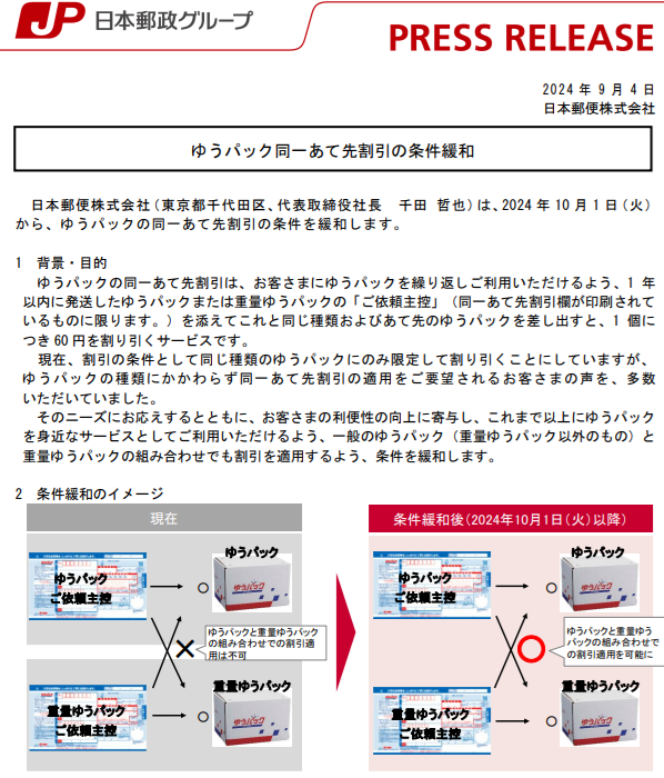 20241001 ゆうパック同一あて先割引の条件緩和